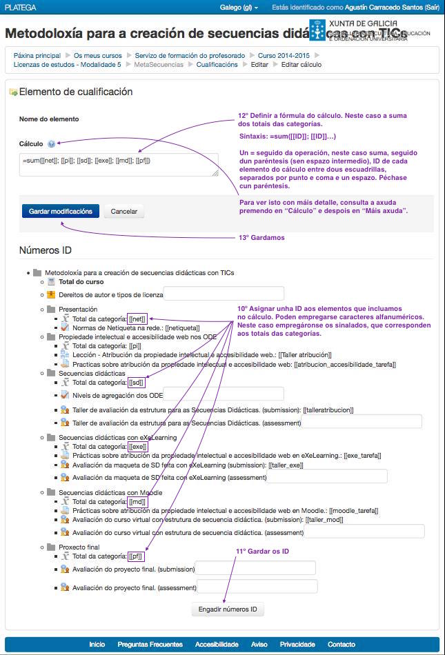 Captura de pantalla coa configuración do cualificador: fórmula manual de cálculo.