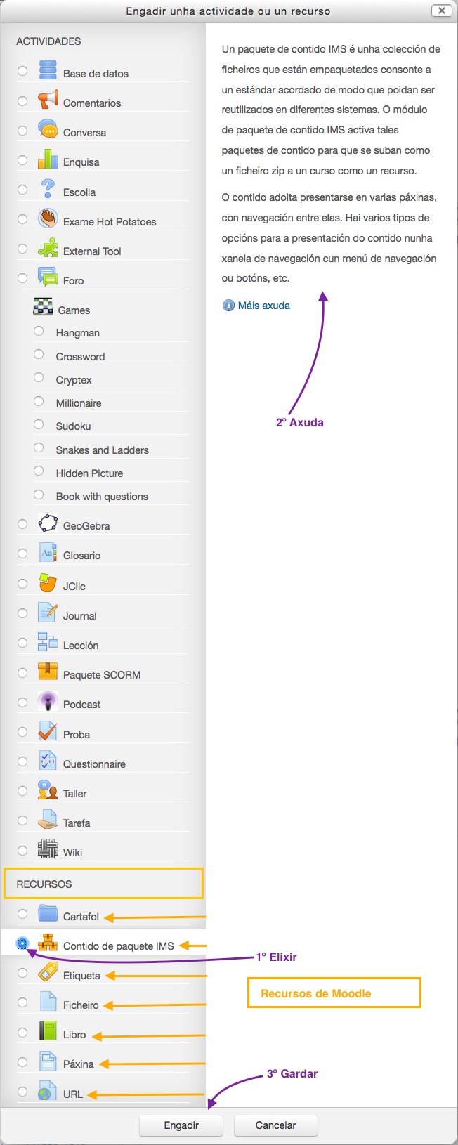 Menú de actividades e recursos de Moodle