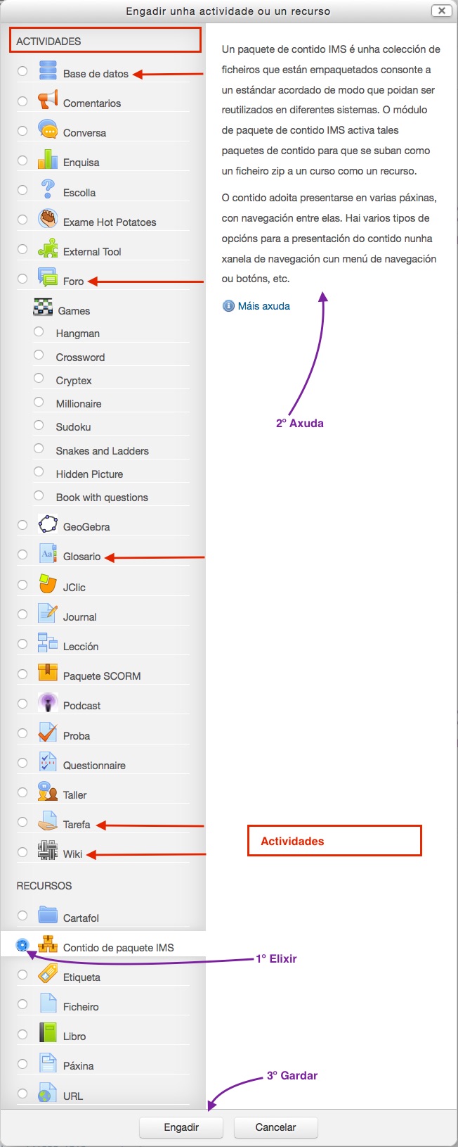 Menú de actividades e recursos de Moodle