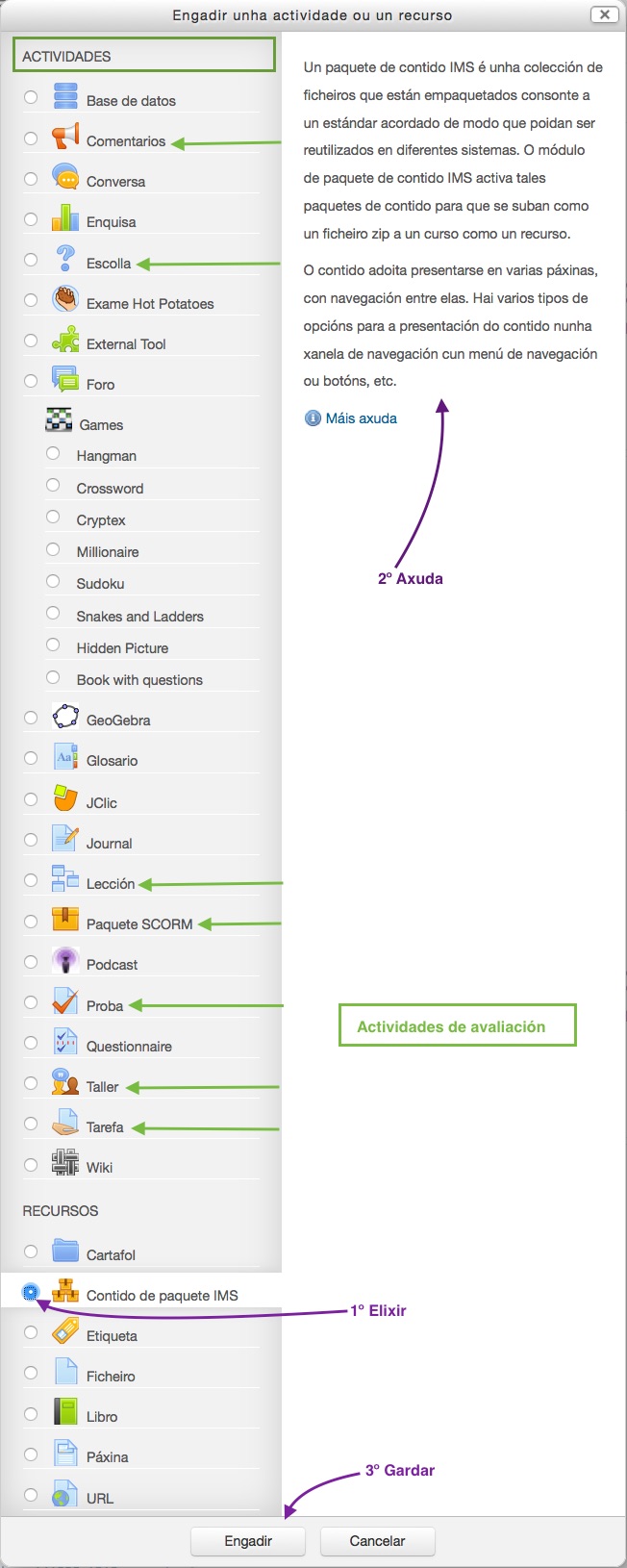 Menú de actividades e recursos de Moodle
