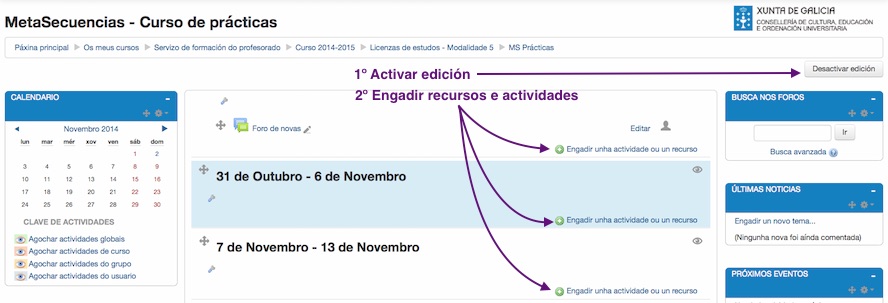Captura de pantalla coa secuencia para engadir unha actividade ou un recurso.