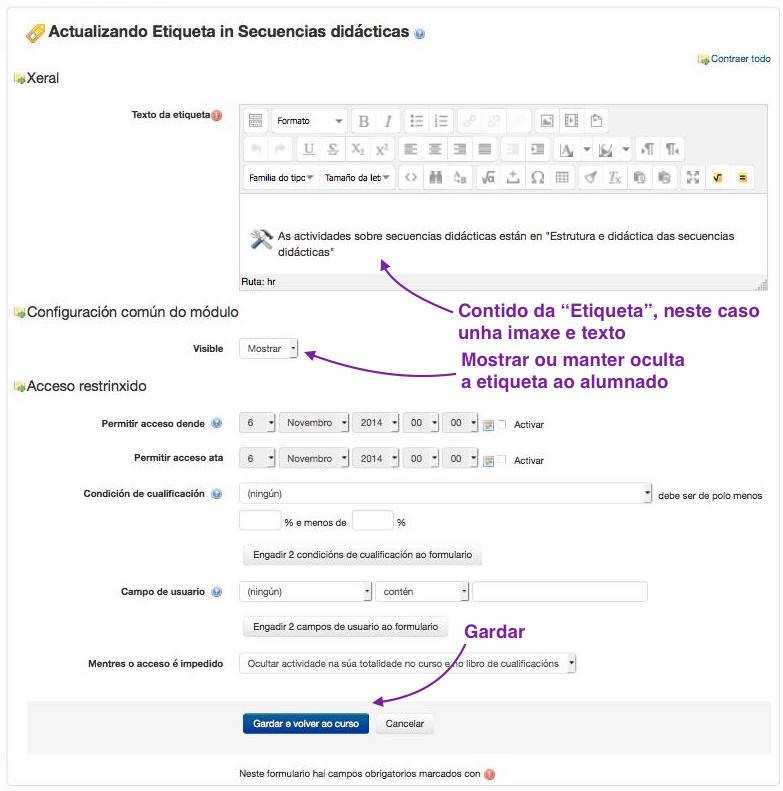 Formulario de configuración do recurso "Etiqueta"
