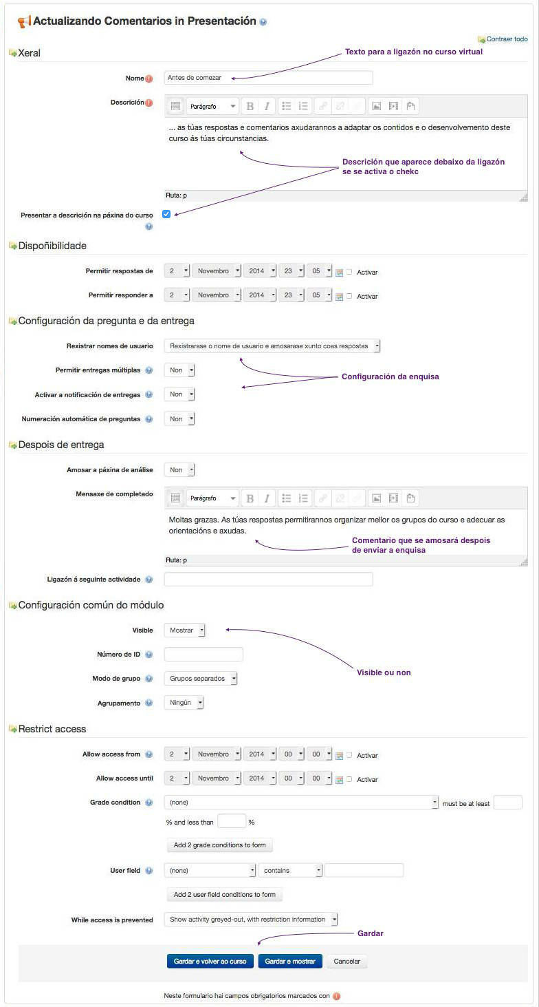 Formulario de configuración da actividade "Comentarios"
