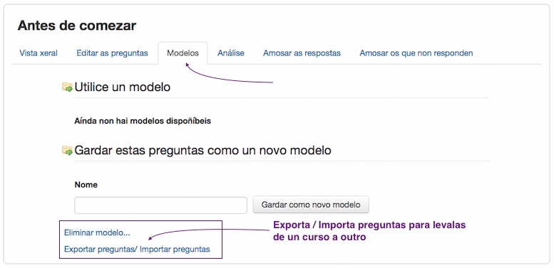 Exportación / Importación das preguntas dunha actividade "Comentarios"