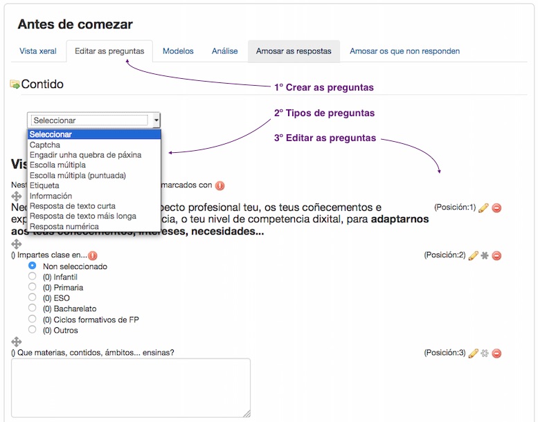 Creación das preguntas dunha actividade "Comentarios"
