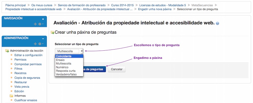 Configuración da actividade "Lección" paso segundo.