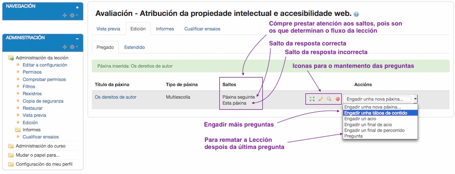 Configuración da actividade "Lección": engadir preguntas.