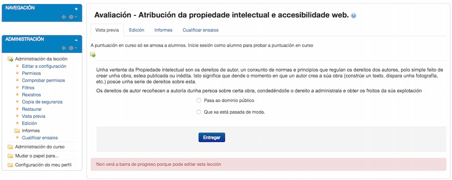 Configuración da actividade "Lección": engadir preguntas, vista previa.