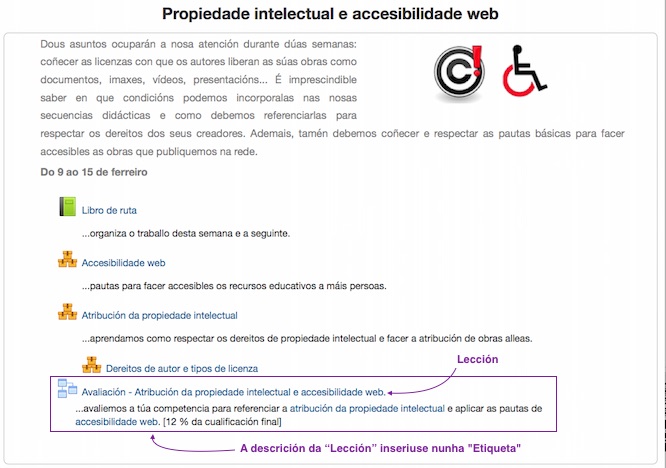 Xeito como se amosa unha lección nun curso virtual