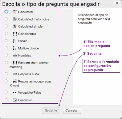 Engadir preguntas nunha "Proba", crear novas preguntas
