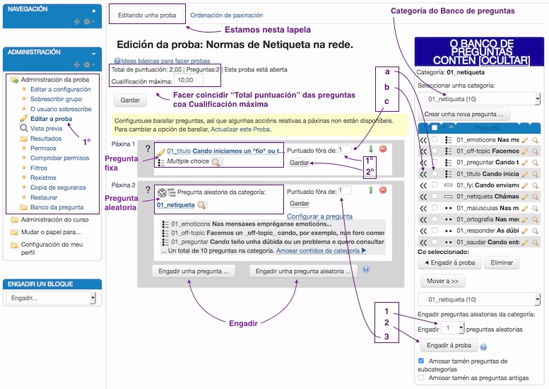 Engadir preguntas nunha "Proba", Mostrar