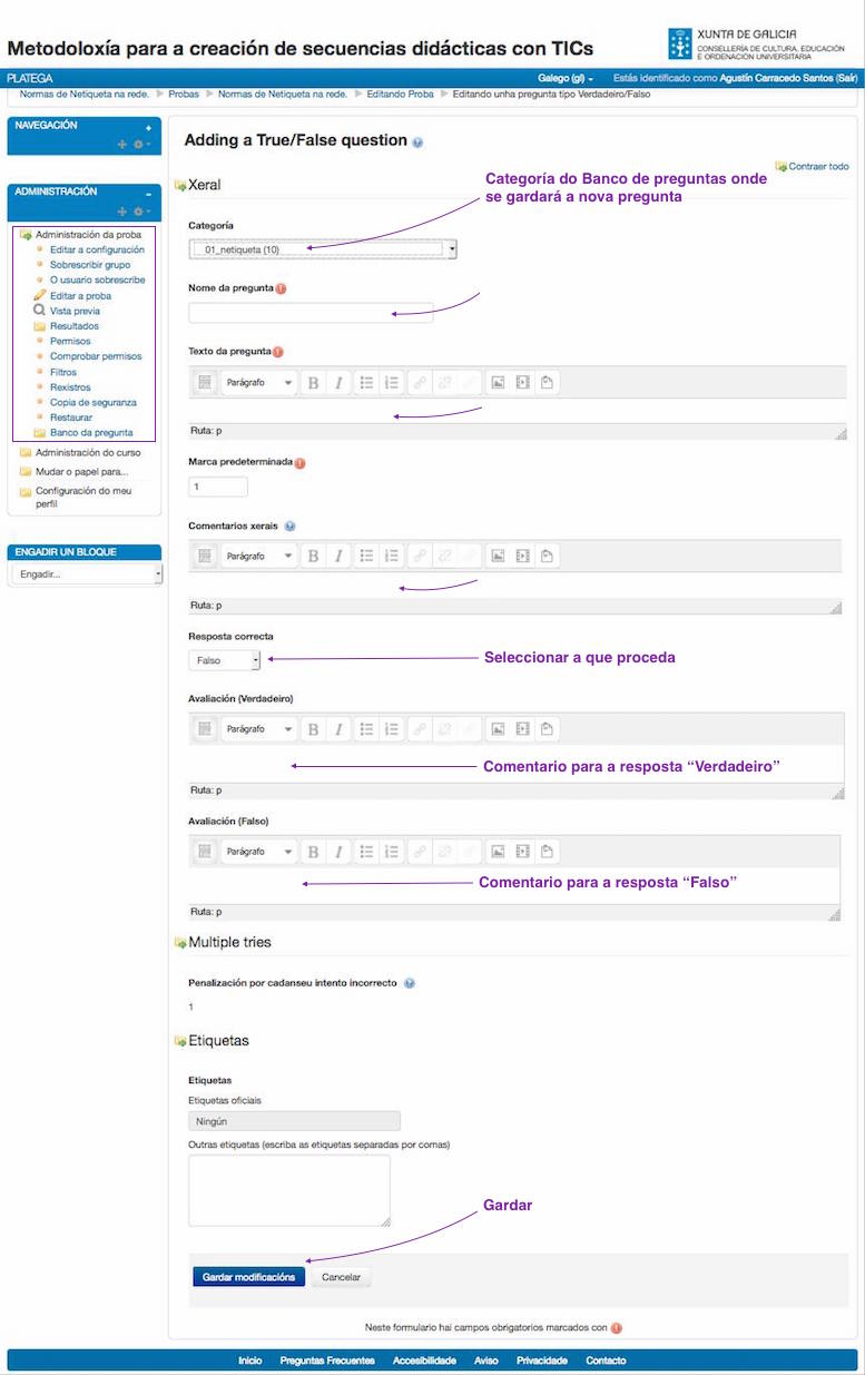 Crear / Editar preguntas para unha "Proba", verdadeiro / falso