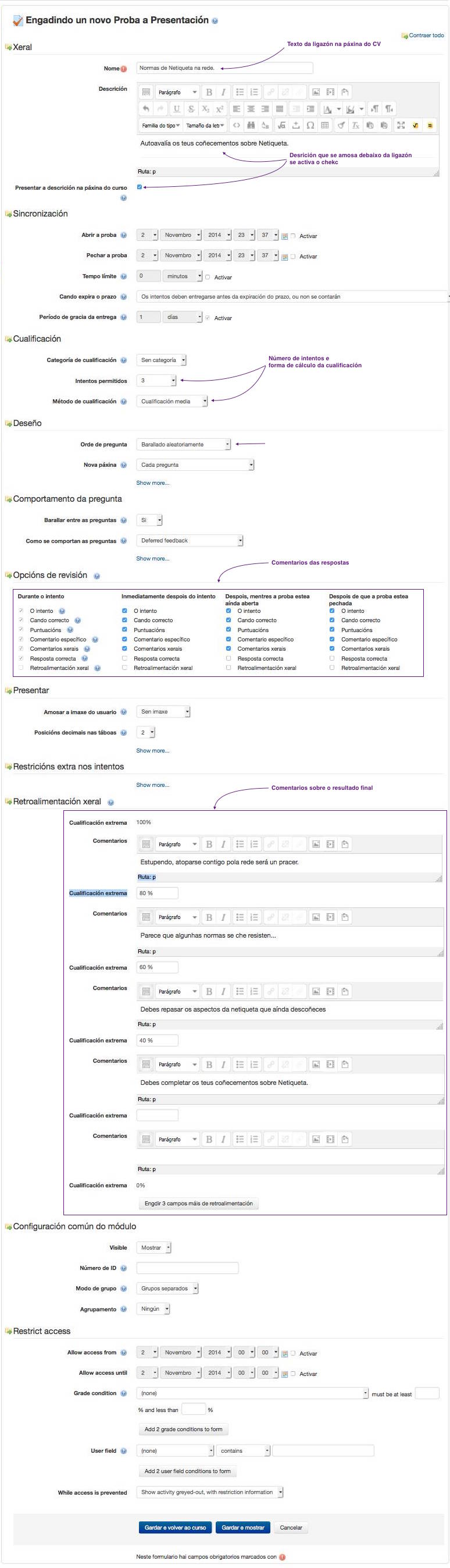 Formulario de configuración da actividade "Proba"