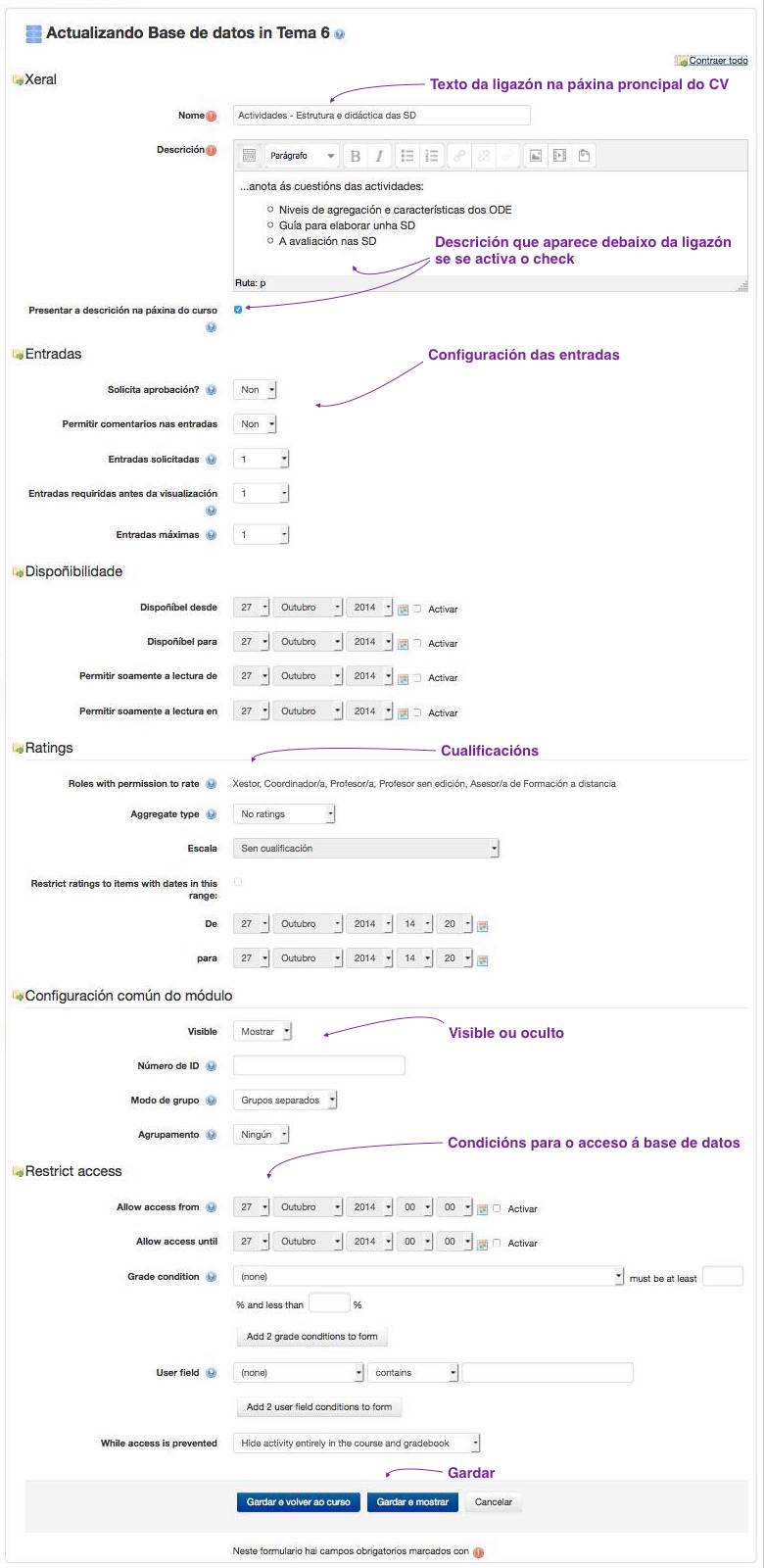 Formulario de configuración da actividade "Base de datos"