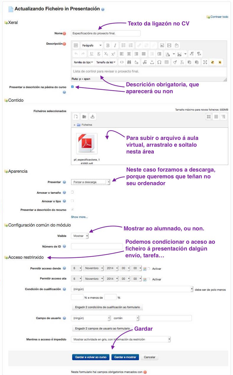 Captura de pantalla co formulario de configuración do recurso "Ficheiro".