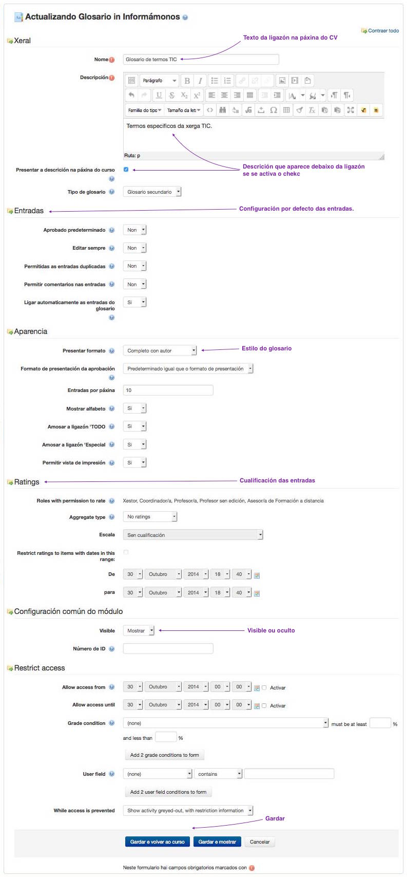 Formulario de configuración da actividade "Glosario"