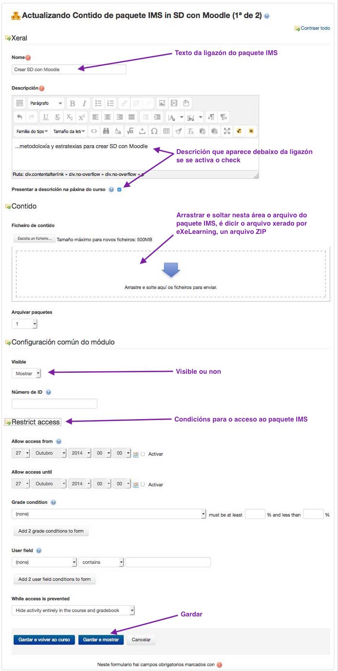 Formulario de configuración do recurso "Contidos de paquete IMS""