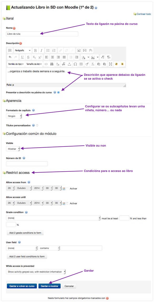 Formulario de configuración do recurso "Libro"