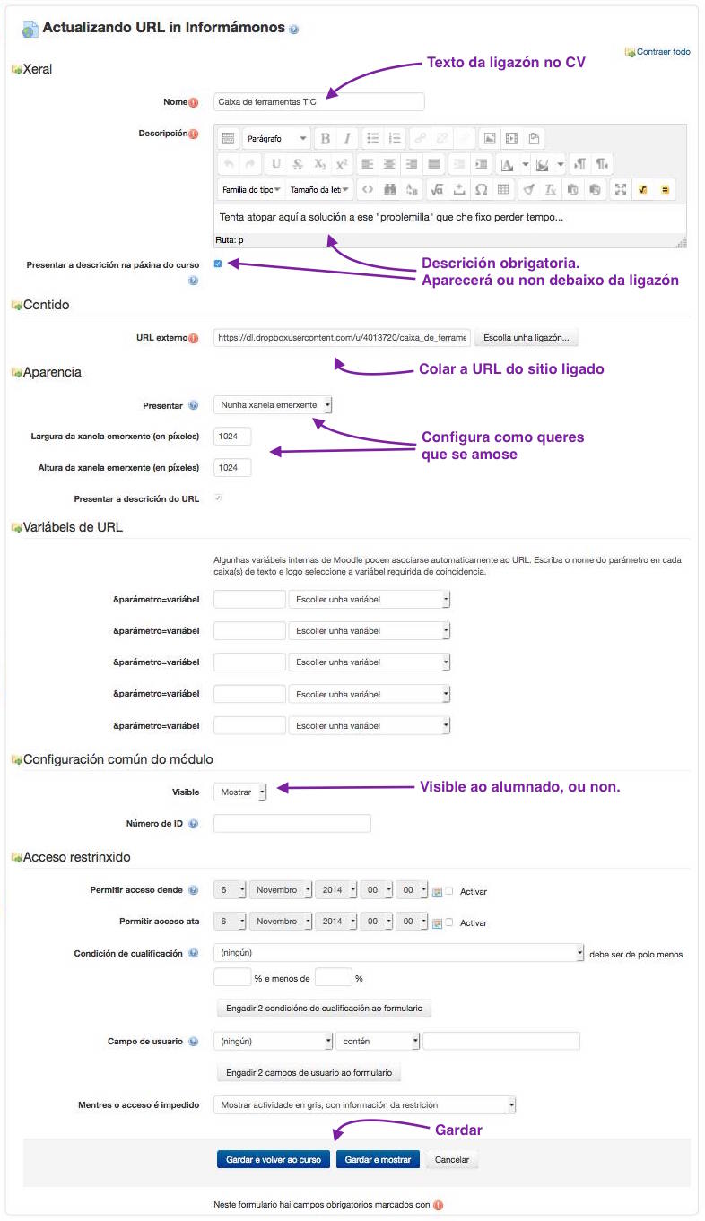 Formulario de configuración do recurso "URL"
