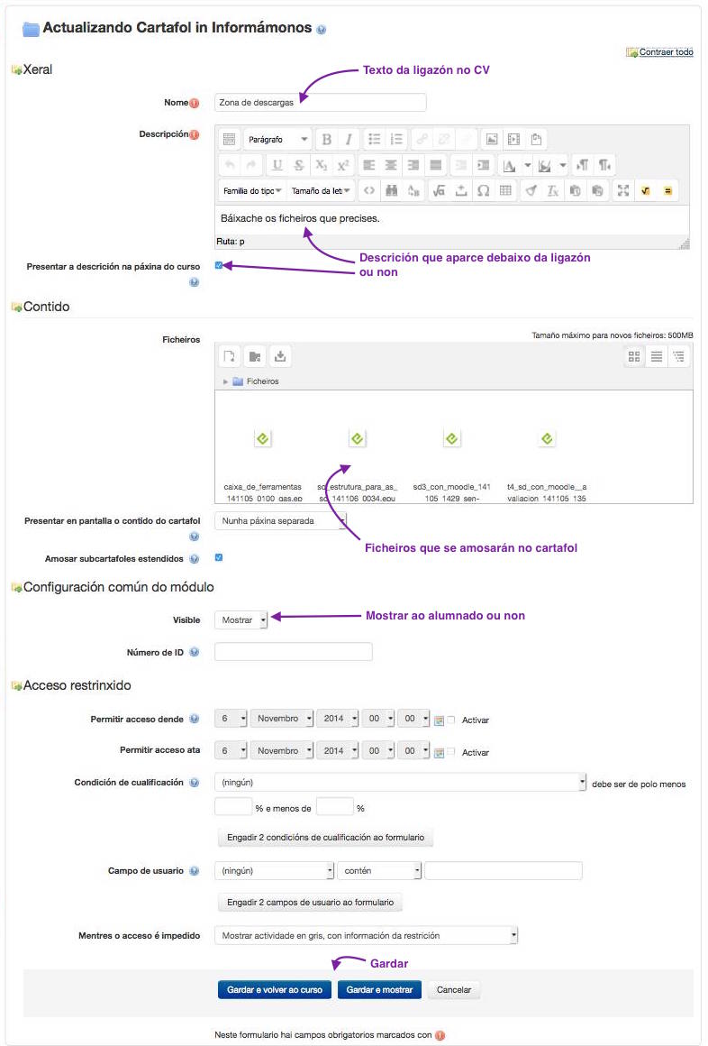 Formulario de configuración do recurso "Cartafol"