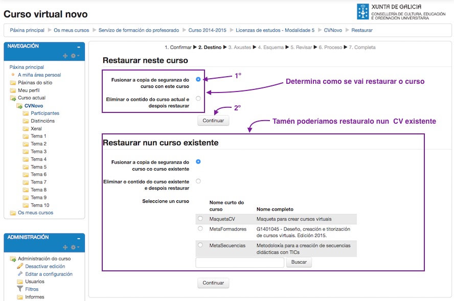 Xanela para a restauración dunha copia de seguranza. Continuación