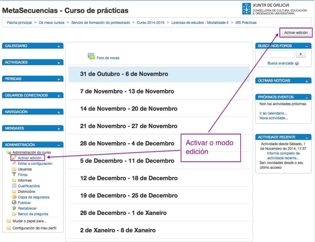 Opcións para activar o modo edición en Moodle.
