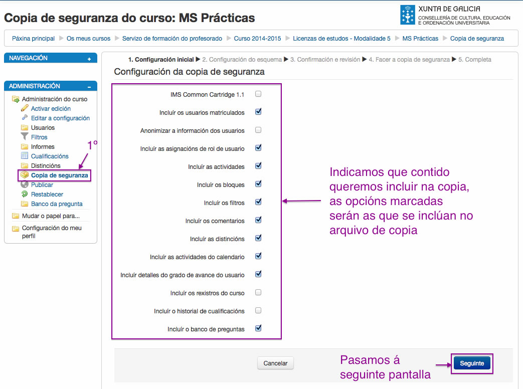 Configuración da copia de Seguridade en Moodle.