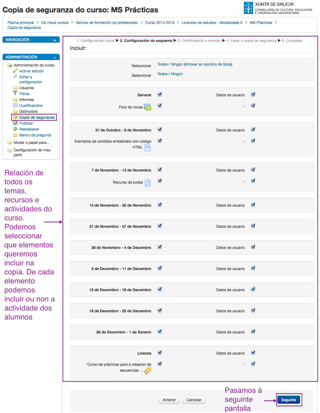 Configuración da copia de Seguridade en Moodle.