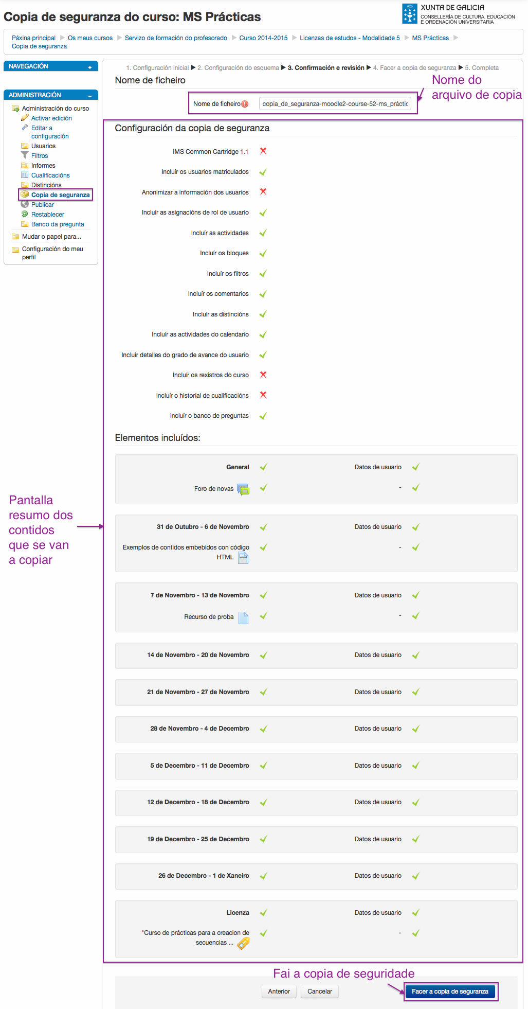 Configuración da copia de Seguridade en Moodle.