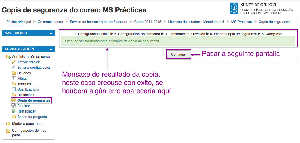 Configuración da copia de Seguridade en Moodle.