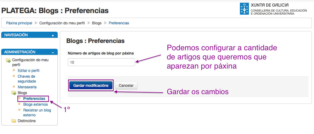 Configuración das preferencias dos blogs en Moodle.