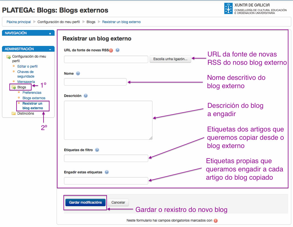 Engadir un blog externo en Moodle.