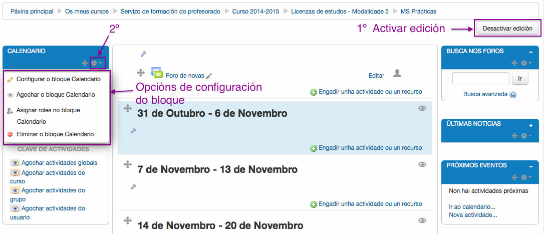 Opcións de configuración dun bloque en Moodle.
