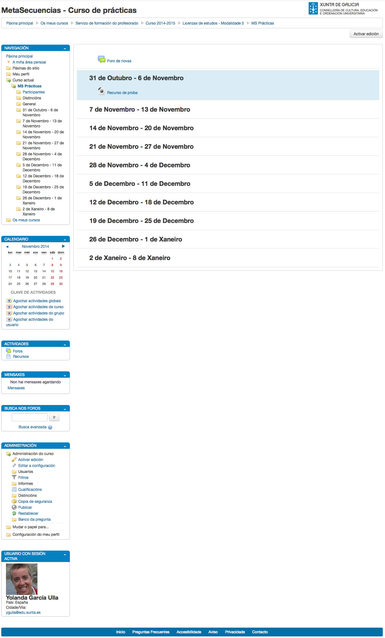 Cinfiguración dos bloques dun curso en Moodle.