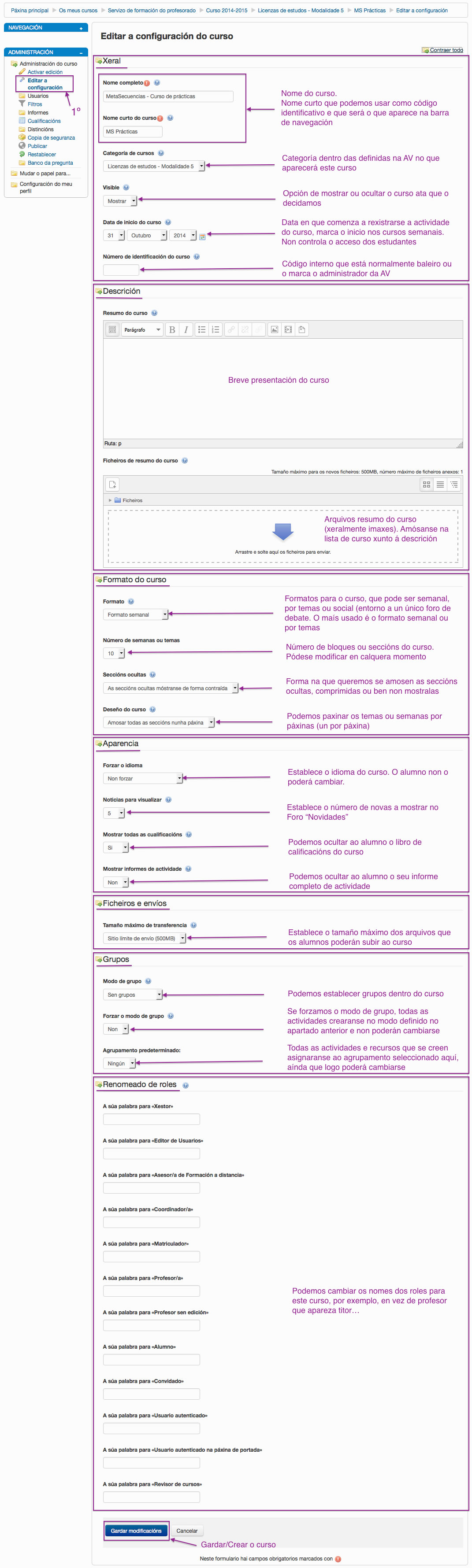 Creación e configuración inicial dun curso en Moodle.