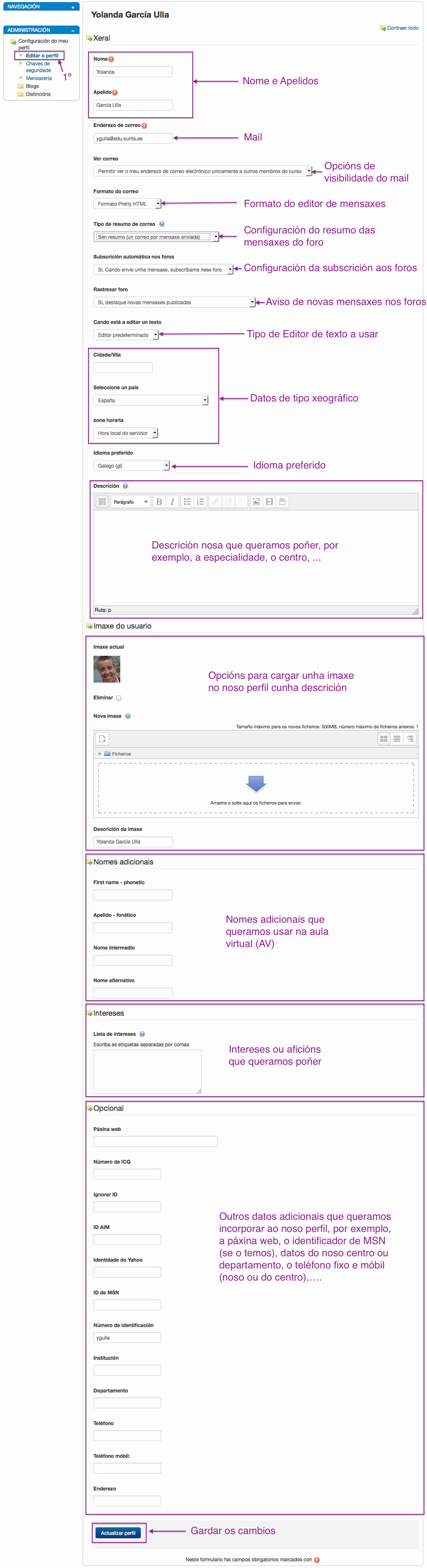 Configuración do meu perfil en Moodle.