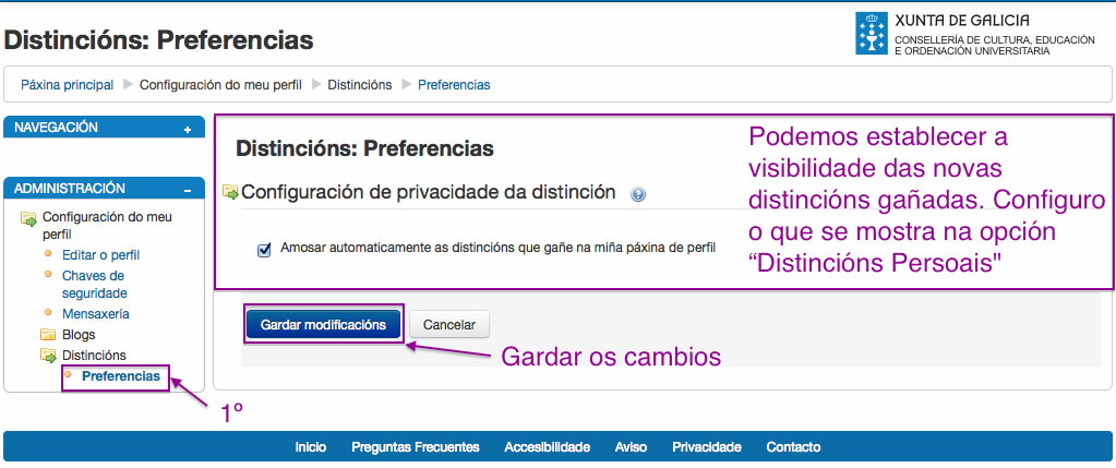 Configuración das distincións en Moodle.