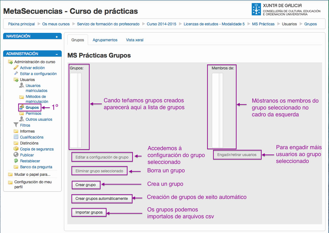 Configuración dos grupos para un curso en Moodle.