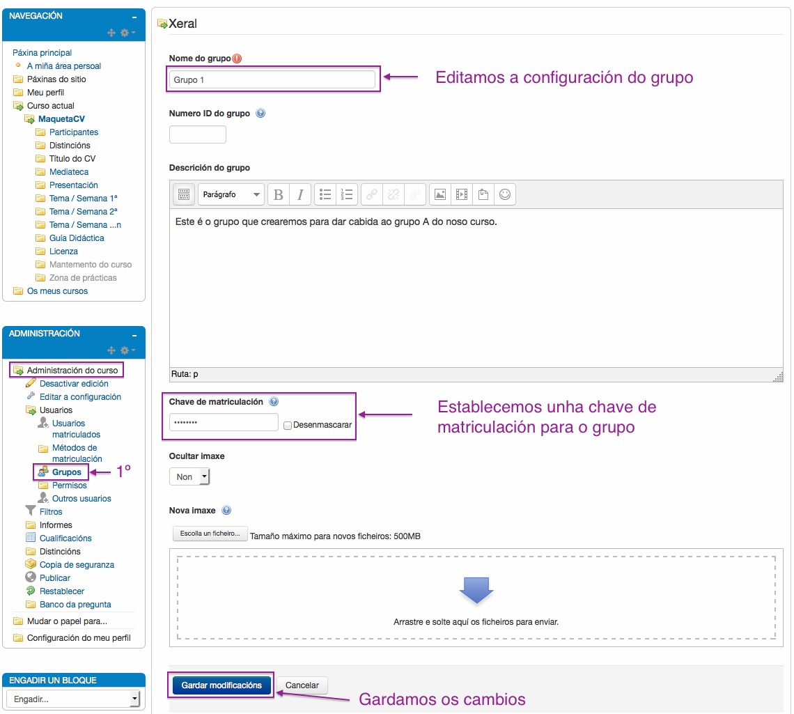 Configuración dunha chave de matriculación para un grupo en Moodle.