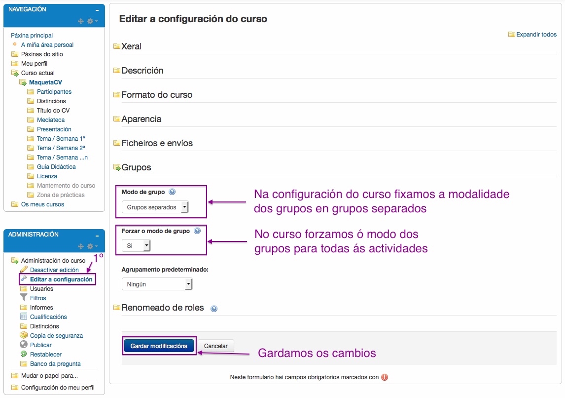 Configuración da modalidade dos grupos para un curso en Moodle..