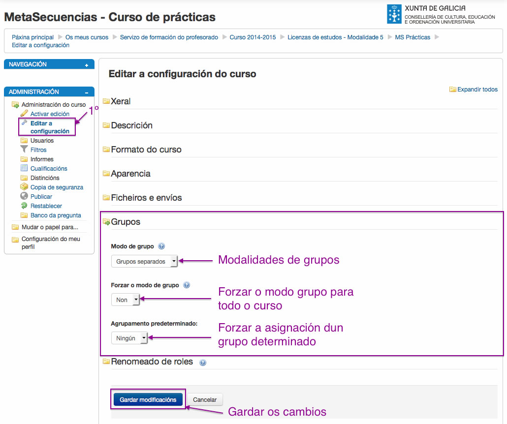 Configuración dos grupos para un curso en Moodle.