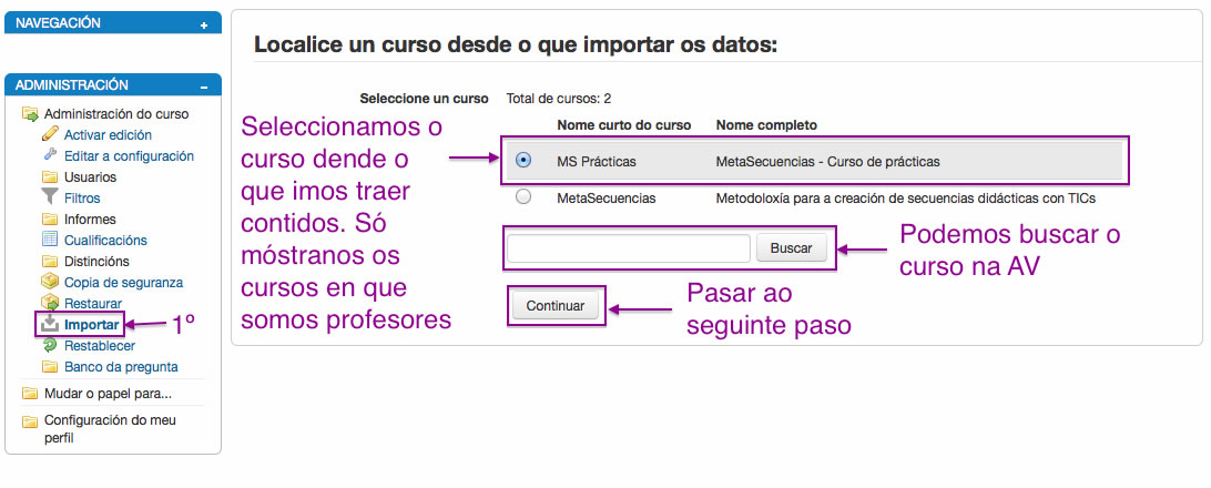 Configuración da importación de contidos en Moodle.