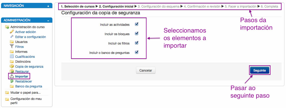 Configuración da importación de contidos en Moodle.