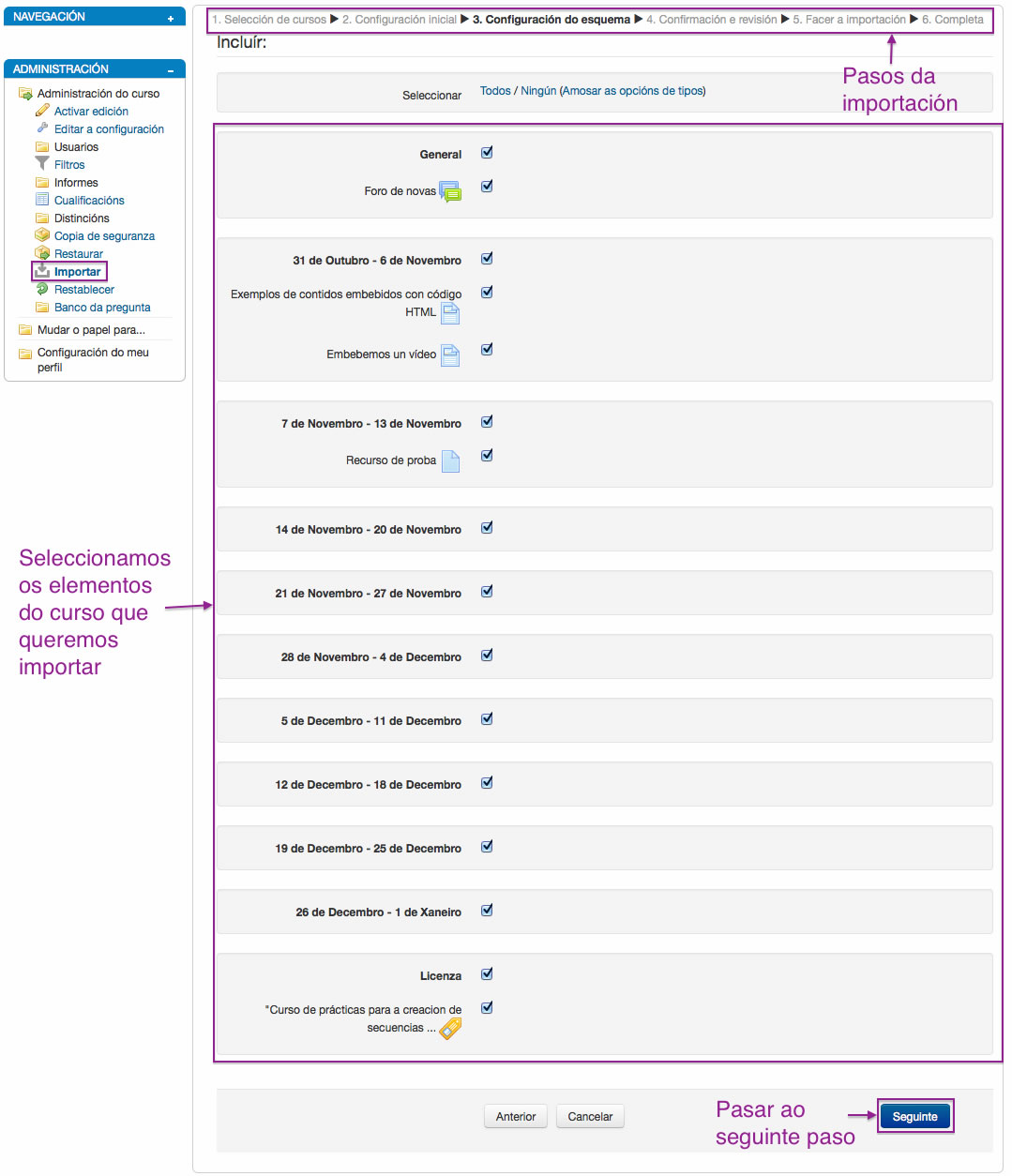 Configuración da importación de contidos en Moodle.