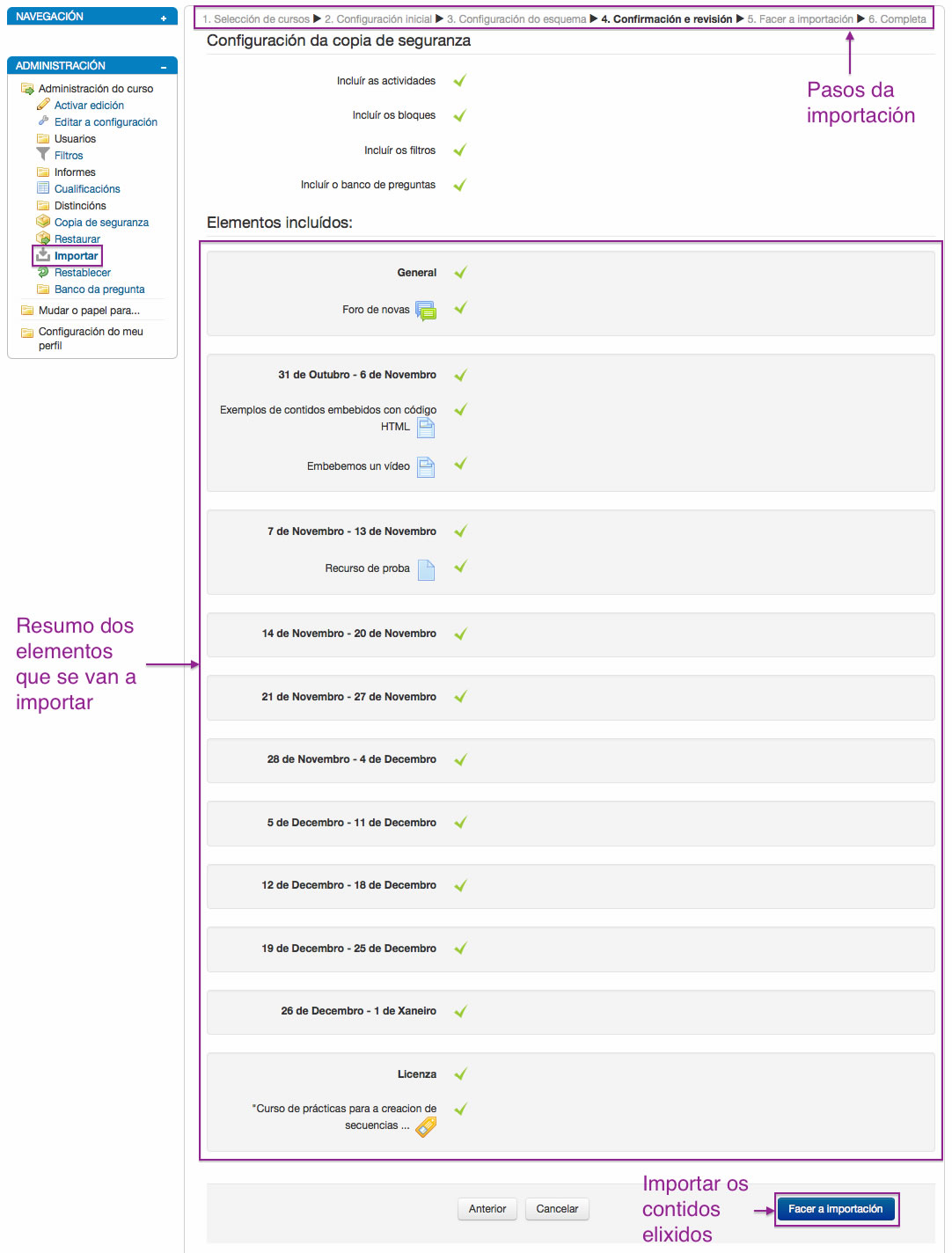 Configuración da importación de contidos en Moodle.