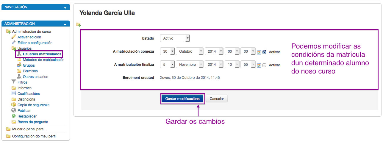 Condicións de matriculación dun usuario nun curso en Moodle.