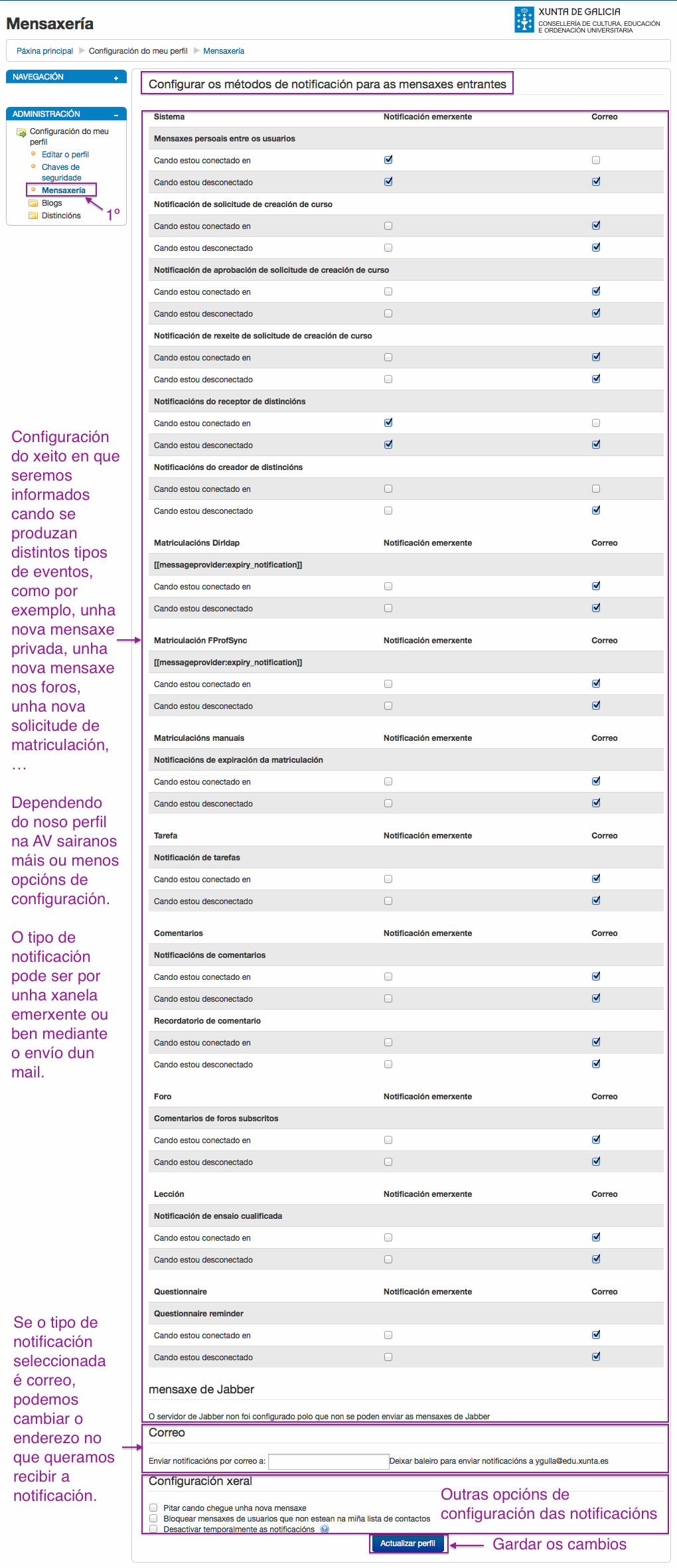 Configuración da mensaxería en Moodle.