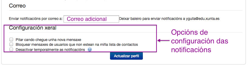 Configuración das opcións de notificacións en Moodle.