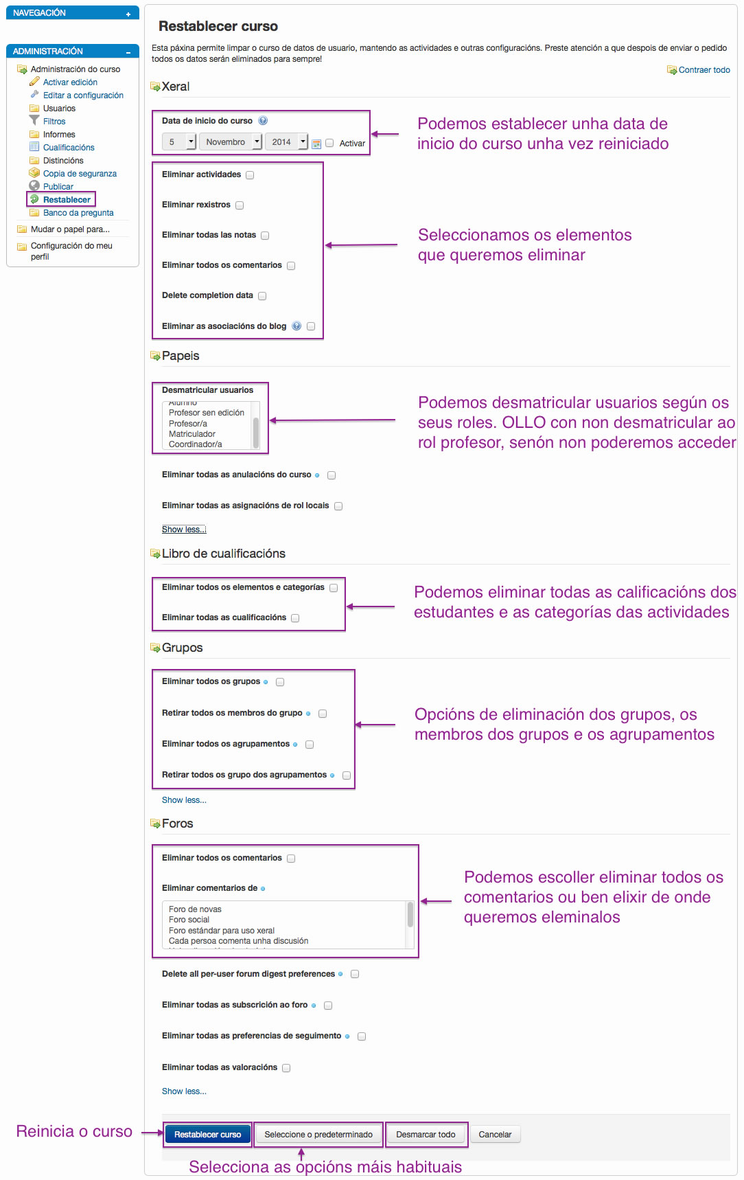 Configuración do reinicio dun curso en Moodle.