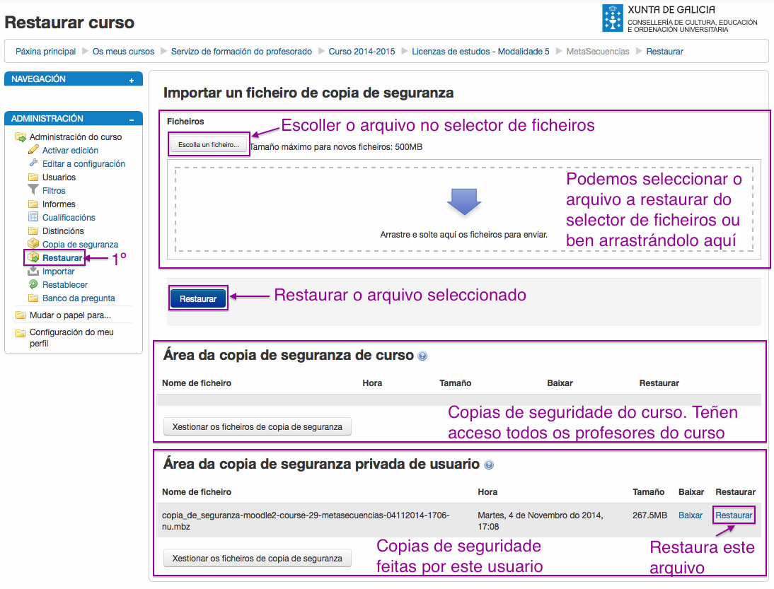 Configuración da restauración dunha copia de Seguridade en Moodle.